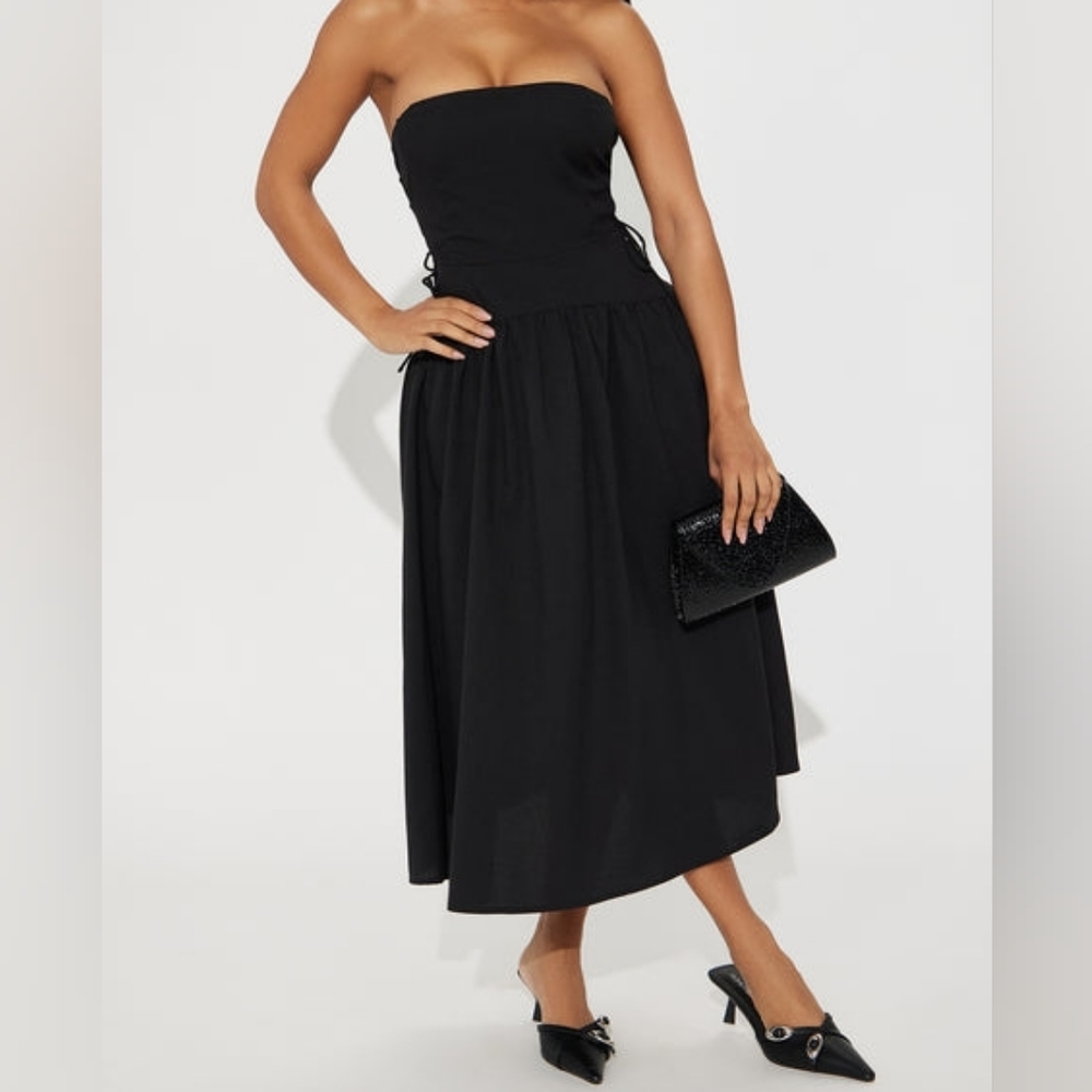 fashion nova darcy stretch linen midi dress NWT black